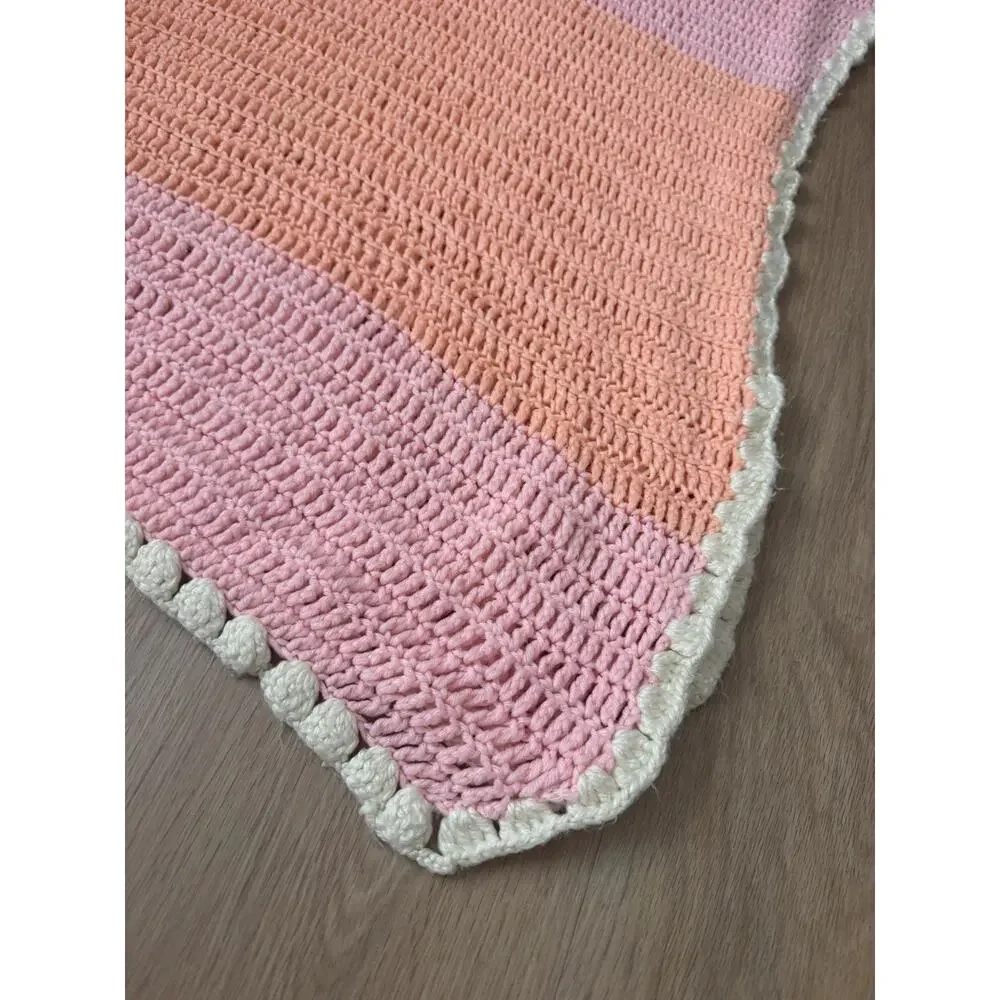 Handmade Pink~Peach~Ivory Crochet Knit Baby Blanket Quilt 64”x33”